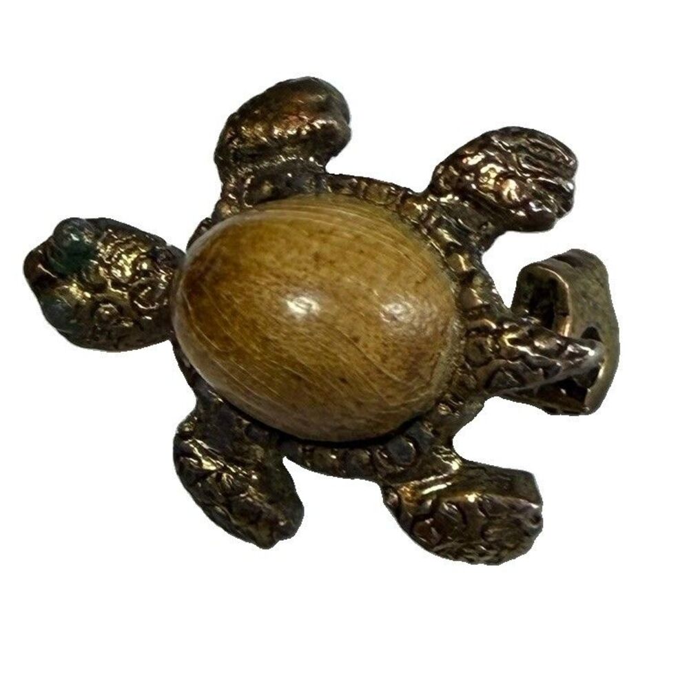 Vintage Gold Tone Turtle Brooch Carved Natural Nut Shell Wood Cabochon Tiny Pin